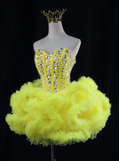 Yellow Tulle Crystal Homecoming Dress