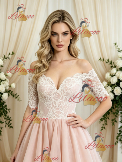 Pink Tulle Lace Short Sleeve Wedding Dress