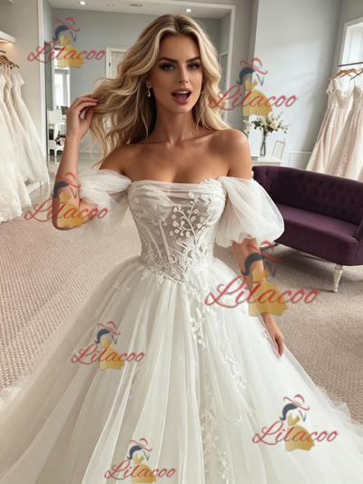 White Tulle Appliques Off the Shoulder Wedding Dress