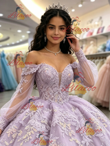 Purple Tulle Off the Shoulder Appliques Quinceanera Dress