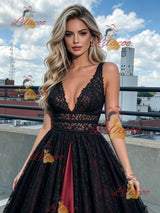 Black Lace V-neck Prom Dress