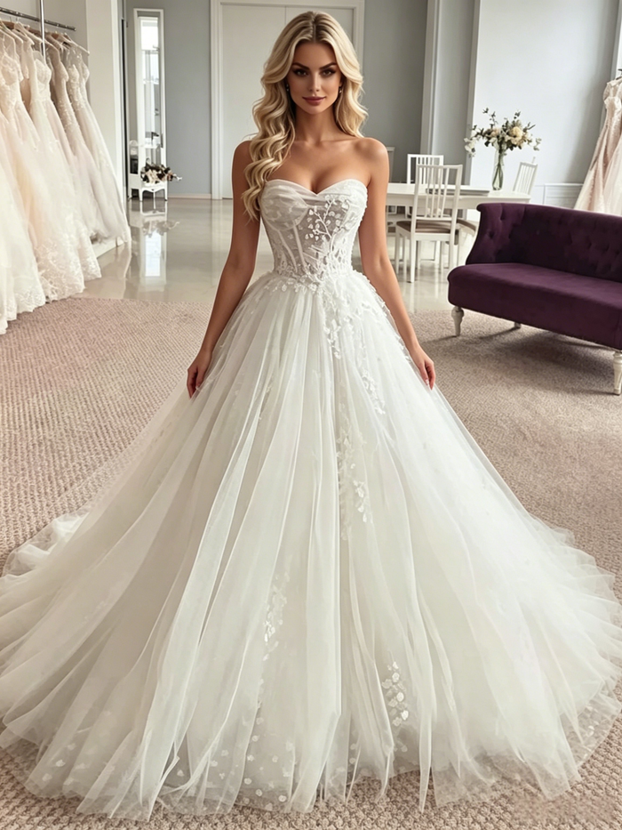 White Tulle Strapless Appliques Wedding Dress