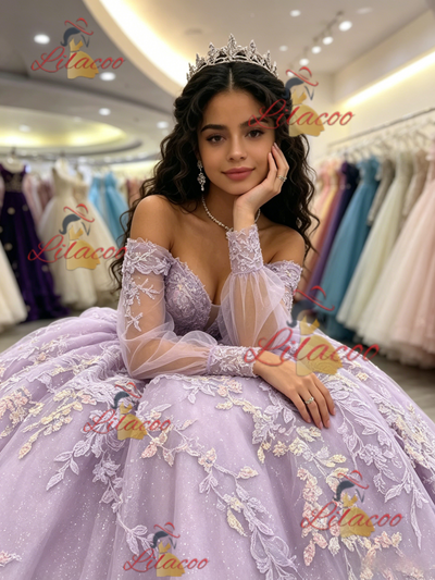 Purple Tulle Off the Shoulder Appliques Quinceanera Dress