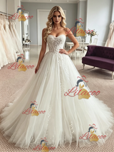 White Tulle Strapless Appliques Wedding Dress