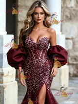 Burgundy Mermaid Tulle Beading Prom Dress