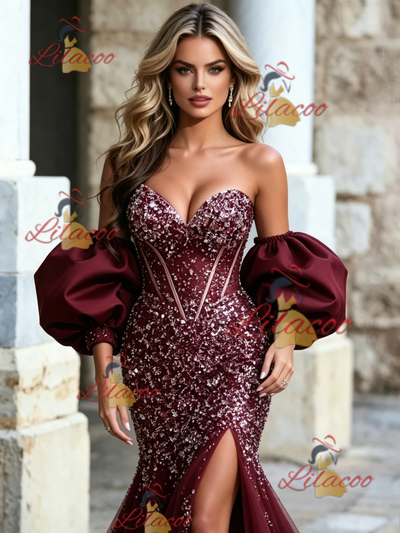 Burgundy Mermaid Tulle Beading Prom Dress