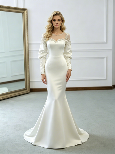 White Mermaid Satin Long Sleeve Wedding Dress