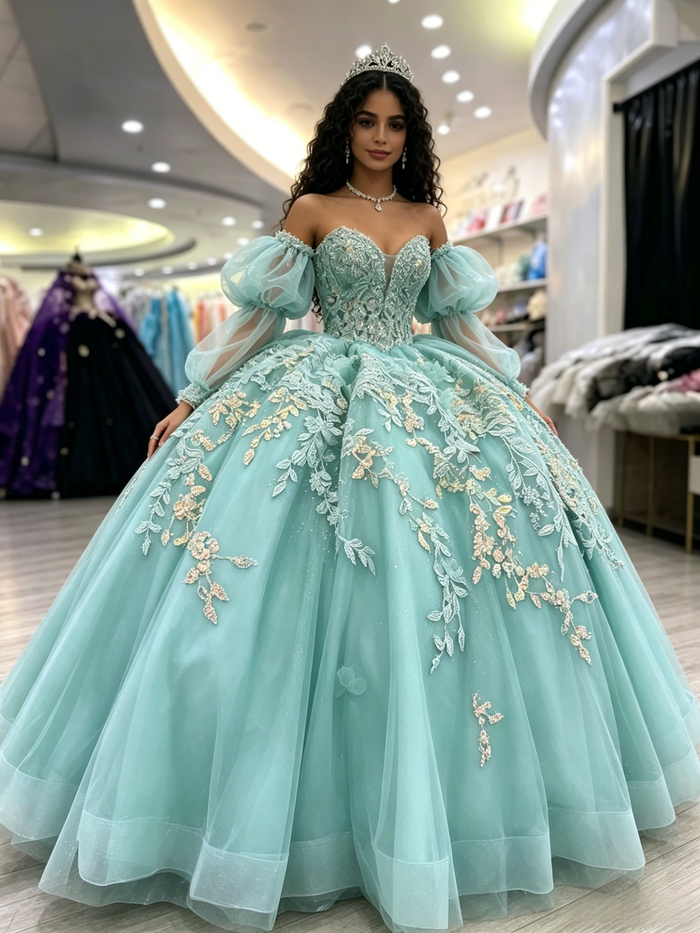 Long Sleeve Tulle Appliques Quinceanera Dress