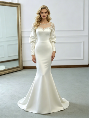 White Mermaid Satin Long Sleeve Wedding Dress