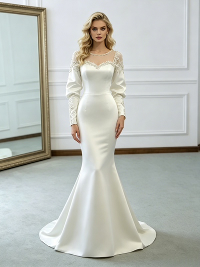 White Mermaid Satin Long Sleeve Wedding Dress
