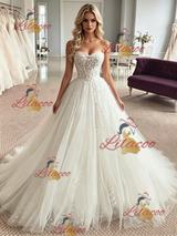 White Tulle Strapless Appliques Wedding Dress
