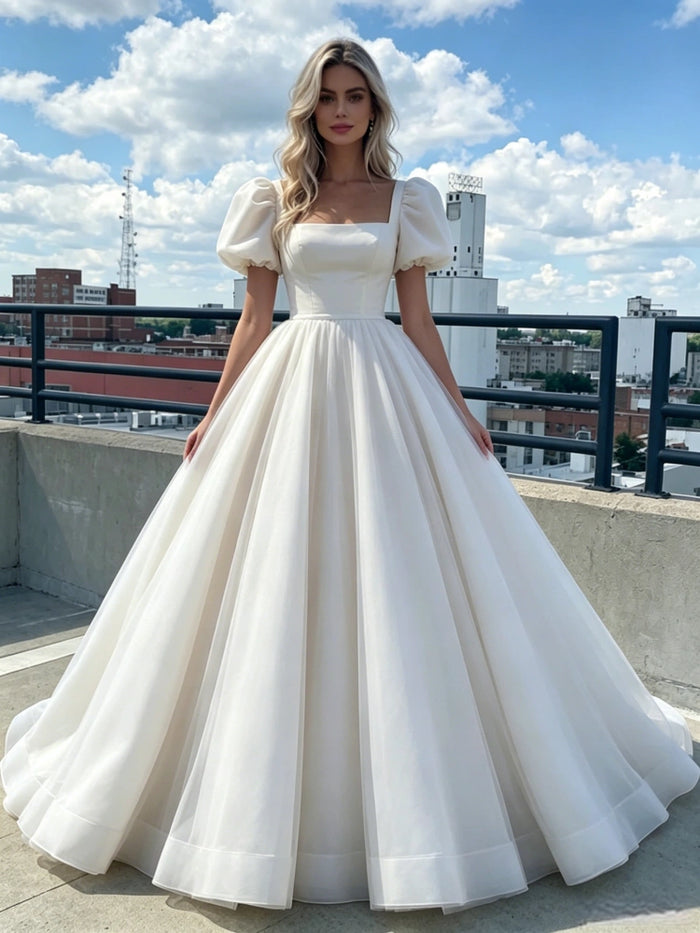 Beige Tulle Puff Sleeve Prom Dress
