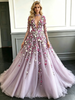 Purple Tulle Long Sleeve Appliques Backless Prom Dress