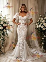 White Mermaid Lace Puff Sleeve Wedding Dress
