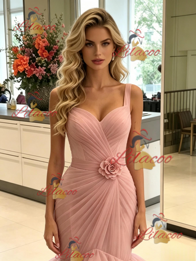 Pink Mermaid Straps Pleats Prom Dress