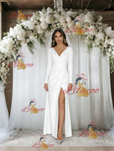 Sexy Long Sleeve V-neck Pleats Wedding Dress