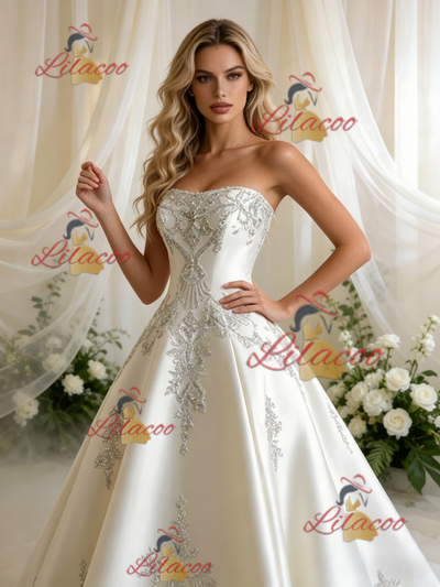 Beige White Satin Strapless Beading Wedding Dress