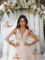 Champagne Lace V-neck Wedding Dress