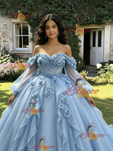 Blue Tulle Long Sleeve Appliques Quinceanera Dress