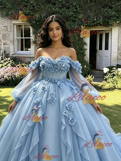 Blue Tulle Long Sleeve Appliques Quinceanera Dress