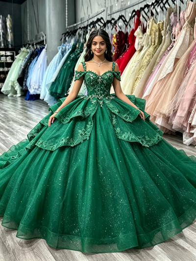 Green Tulle Sequins Straps Quinceanera Dress