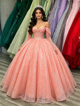 Pink Sequins Long Sleeve Quinceanera Dress