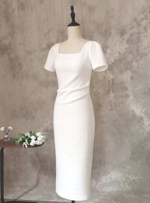 Simple White Short Sleeve Pleats Wedding Dress