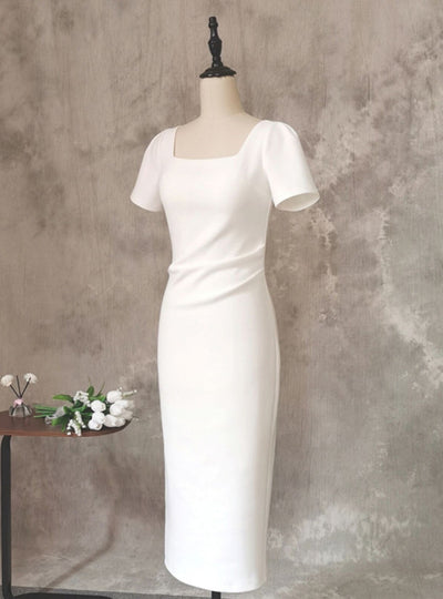 Simple White Short Sleeve Pleats Wedding Dress
