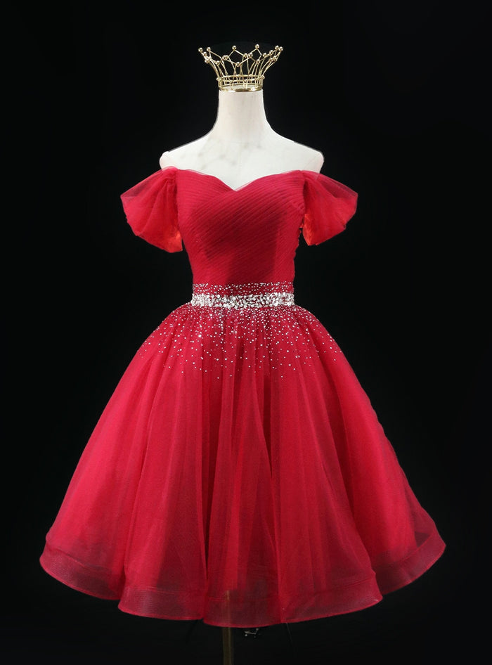 Burgundy Tulle Pleats Beading Sequins Homecoming Dress
