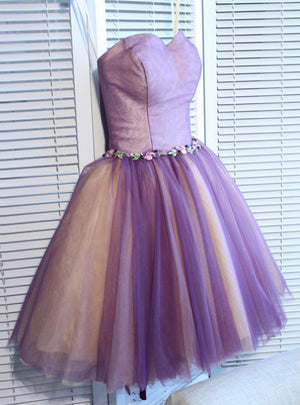 Purple Tulle Strapless Beading Homecoming Dress