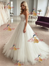 White Tulle Strapless Appliques Wedding Dress