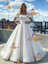 Beige Tulle Puff Sleeve Prom Dress