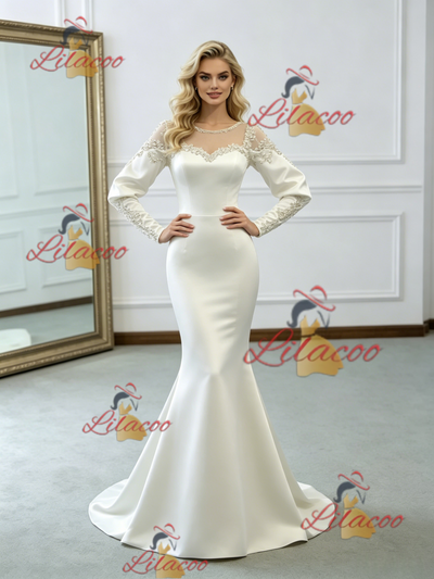 White Mermaid Satin Long Sleeve Wedding Dress
