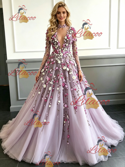 Purple Tulle Long Sleeve Appliques Backless Prom Dress