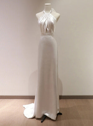 White Pleats Halter Backless Wedding Dress