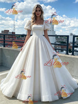 Beige Tulle Puff Sleeve Prom Dress