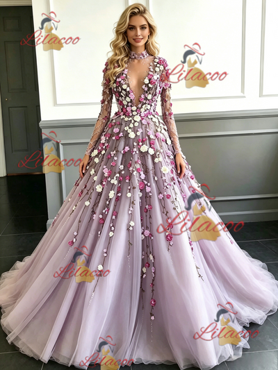Purple Tulle Long Sleeve Appliques Backless Prom Dress