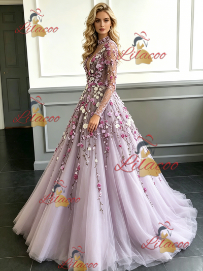 Purple Tulle Long Sleeve Appliques Backless Prom Dress