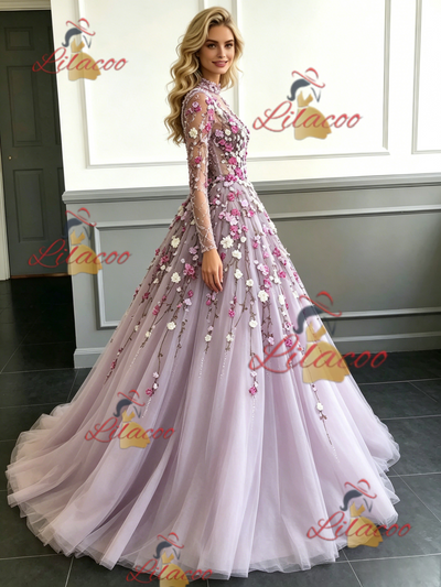Purple Tulle Long Sleeve Appliques Backless Prom Dress