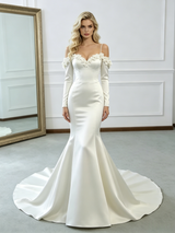 Beige White Mermaid Satin Long Sleeve Flower Wedding Dress