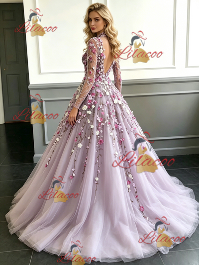 Purple Tulle Long Sleeve Appliques Backless Prom Dress