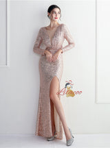 Long Seeve Mermaid Sequins Split Prom Dress