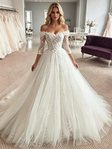 White Tulle Off the Shoulder Appliques Wedding Dress