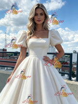 Beige Tulle Puff Sleeve Prom Dress
