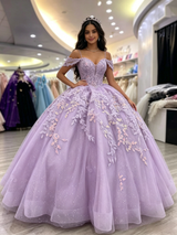 Purple Tulle Straps Appliques Quinceanera Dress