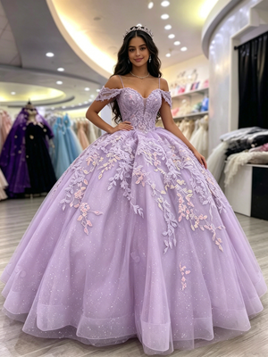 Purple Tulle Straps Appliques Quinceanera Dress