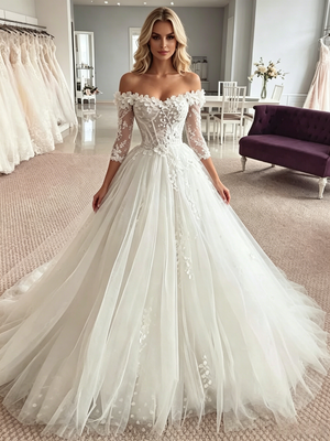 White Tulle Off the Shoulder Appliques Wedding Dress