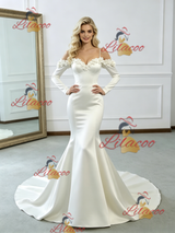 Beige White Mermaid Satin Long Sleeve Flower Wedding Dress