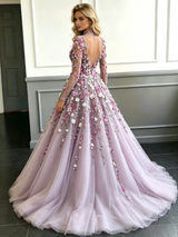 Purple Tulle Long Sleeve Appliques Backless Prom Dress