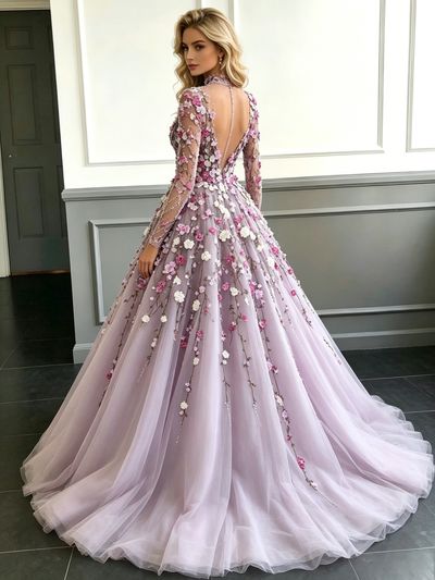 Purple Tulle Long Sleeve Appliques Backless Prom Dress